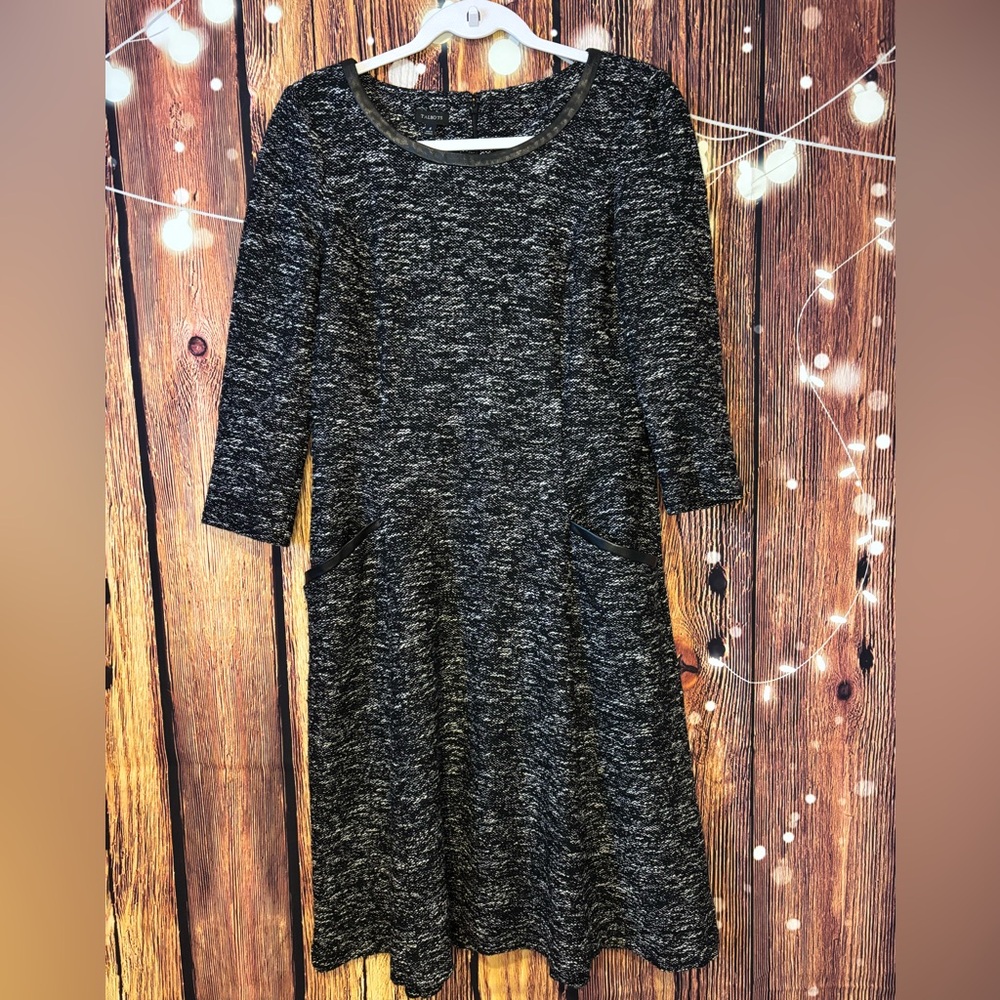 Talbots Black and Gray Tweed 3/4 Sleeve Dress with Faux Leather Detail